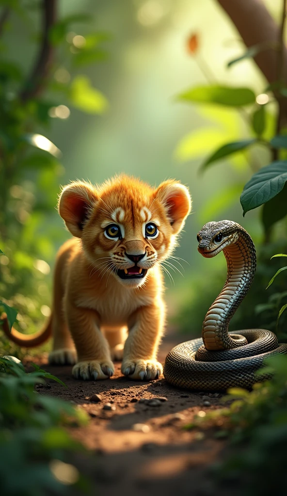 A small lion cub is playfully walking through a dense jungle, unaware of its surroundings. The cub accidentally steps on a snake. The snake is coiled up on the ground, its scales glistening in the sunlight, and it immediately hisses in anger. The scene captures the moment the cub's paw touches the snake's body, with the snake’s head raised, eyes wide open, and fangs bared, ready to strike. The jungle is lush with green foliage, and the atmosphere is tense.