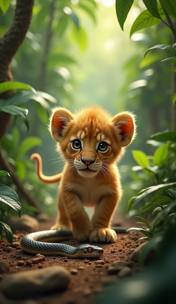 A small lion cub is playfully walking through a dense jungle, unaware of its surroundings. The cub accidentally steps on a snake. The snake is coiled up on the ground, its scales glistening in the sunlight, and it immediately hisses in anger. The scene captures the moment the cub's paw touches the snake's body, with the snake’s head raised, eyes wide open, and fangs bared, ready to strike. The jungle is lush with green foliage, and the atmosphere is tense.