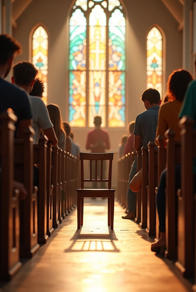 A group of Christian church pews where many happy young people are sitting , In the middle, there is an empty chair that makes the absence of a person noticeable