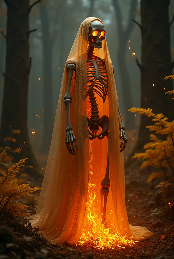A skeleton man with a robe and partly fire and gold
