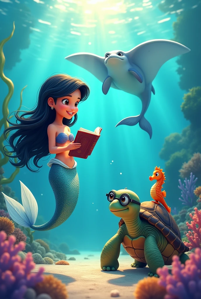 cartoon animation of a very cheerful little mermaid with black hair and a silver tail, cheerful next to a sea turtle with glasses and a book, also a small seahorse, a happy dolphin on its back and behind a large manta ray, Everyone is at the bottom of the sea