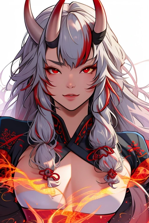 8k, Highest quality, Manga style, View your viewers, Intricate details,One person, Nakiri Ayame, Demon Horns, Multicolored Hair, Long Hair, Red eyes, Gray Hair,