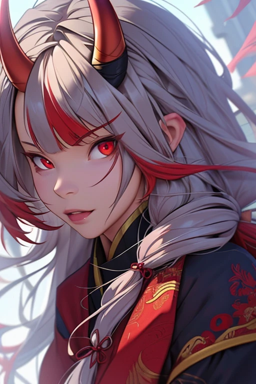 8k, Highest quality, Manga style, View your viewers, Intricate details,One person, Nakiri Ayame, Demon Horns, Multicolored Hair, Long Hair, Red eyes, Gray Hair,