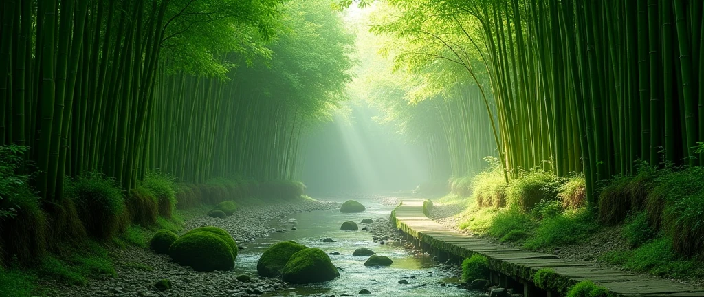 A beautiful, lush bamboo forest, sunlight filtering through the tall, slender bamboo stalks, creating a serene and tranquil atmosphere, a narrow path winding through the bamboo grove, mossy rocks and a small stream running alongside, (best quality,4k,8k,highres,masterpiece:1.2),ultra-detailed,(realistic,photorealistic,photo-realistic:1.37),intricate foliage, natural lighting, earthy color palette, ambient occlusion, depth of field, cinematic composition, mist and fog, peaceful, calming