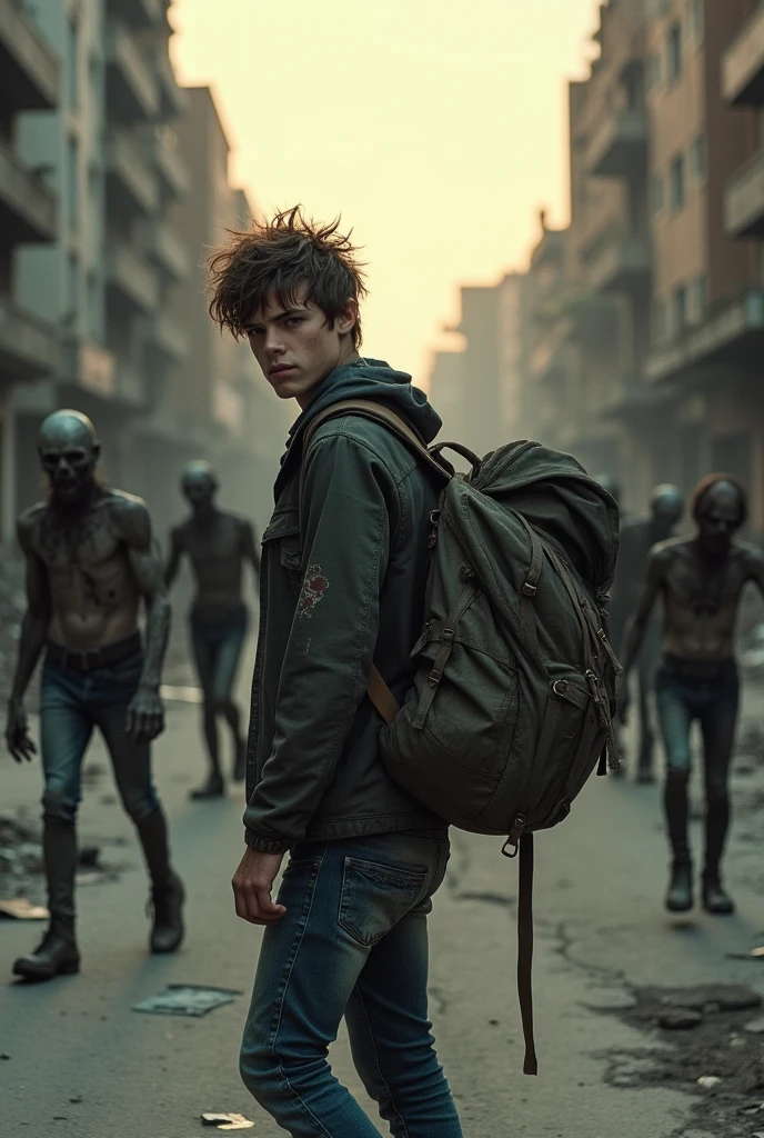 Make Thomas Brodie Sangster Dirty r walking down the street with backpacks and some zombies behind him