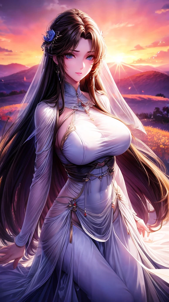 best quality, 30-year-old female, Large Breasts, Brown long hair, blue eyes, tight white dress, Sunset, Upper Body, Sexy, Angelic, Thin fabric, see through, Divine Light, Fluffy clouds, Colorful flower fields,