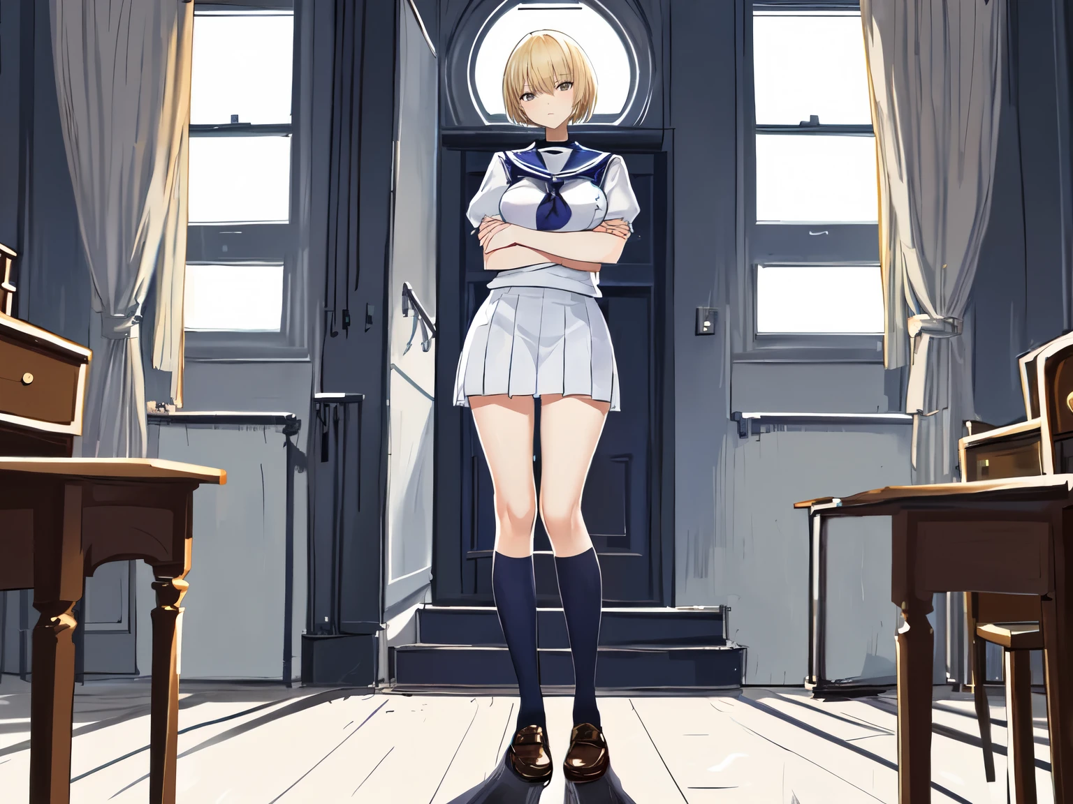 Arcueid Brunestud, full body, short blonde hair, high school girl with a glaring expression, standing with arms crossed, modern sailor uniform, classroom background, 4K, large breasts.