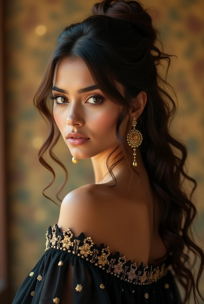 (((ultra realistic))) Photo, masterpiece, top quality, (pale skin), (Ultra detailed face and eyes:1.3), Indian 1 girl, in a beautiful black(goldon embroidery)dress, (Eye makeup, mascara) , (a close up portrait of a beautiful woman with long brown messy bun, curly hair), wearing a black dress, gorgeous detailed face, extremely beautiful delicate features, piercing eyes, luscious lips, flawless skin, stunning portrait, high quality, cinematic lighting, photorealistic, masterpiece, dramatic depth of field, soft elegant expression, elegant and serene, professional portrait photography, beautiful model, gorgeous female portrait, incredible realismof field, bokeh, (special attention to skin detail: 1.2), Detailed leather texture, skin pores. (Airy atmosphere of the frame), UDR, ((Film grain)), ((rays)), ((Glare)), ((side angle portrait, viewing towards the camera)) , ultra detailed,