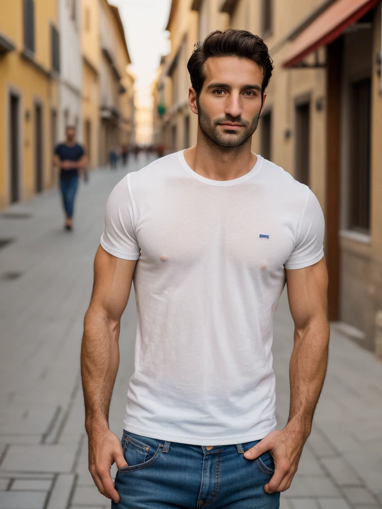 Italian man, masterpiece, best quality, high resolution, closeup portrait, male focus, solo focus, 30 years old, modern, 8k, best quality, UHD, textured skin, highres, A European and American man wearing a white T-shirt, standing on the street, strong man
