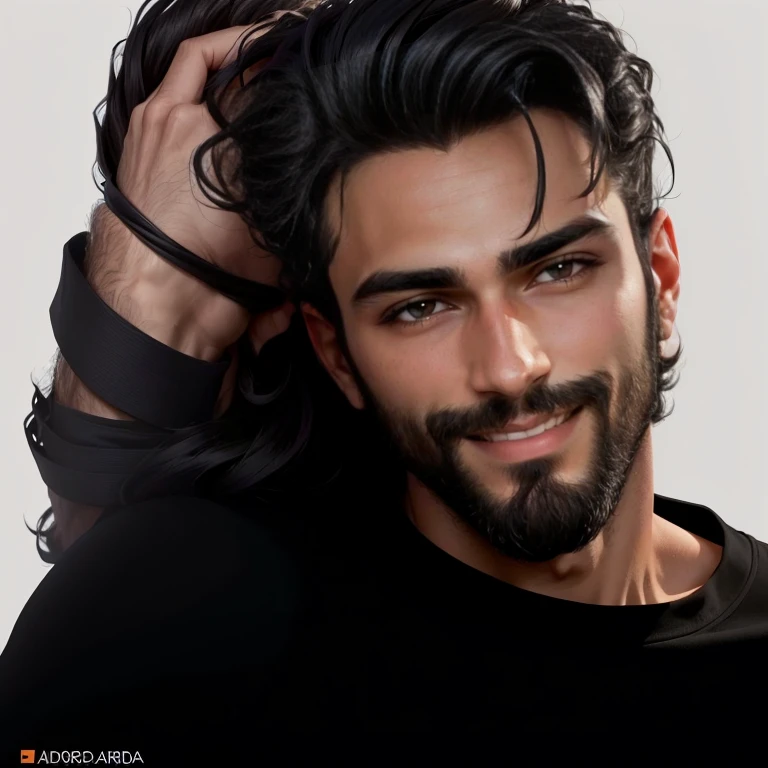 Arafed with a beard and a black shirt smiles, inspired Adam Dario Kiel, Borja, Adam Dario Kiel, Handsome and attractive, Diego Fernandez, Hasan Paiker, Miguel Iglesias, Cayo Santos, nekro Borja, with a seductive smile, Beautiful face, Daniel Mirante, handsome, attractive man, handsome man
