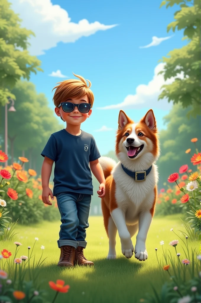 A boy besides a bitch wearing a dark blue T-shirt and Jeans and a sunglasses