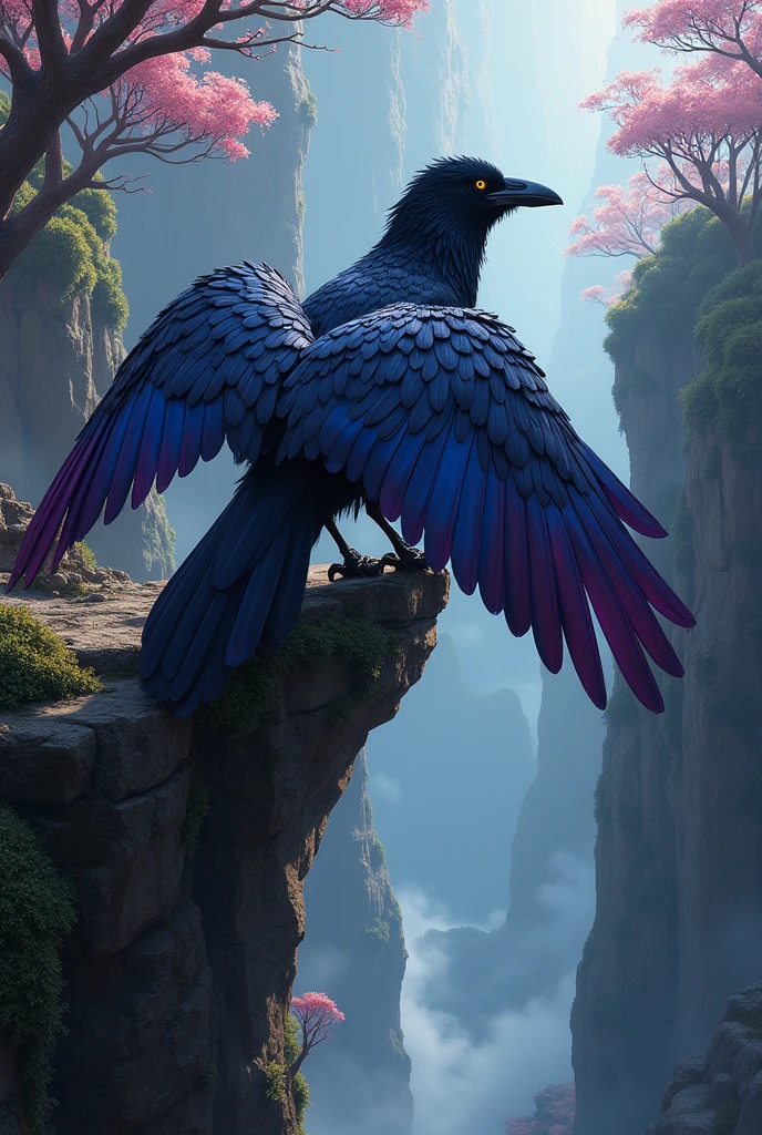 A ((Crow)), with intricate (((black feather wings))), that convey a sense of (fantasy) realism, blending seamlessly with the (detailed patterns) of a (fantastical environment) where the bird looks brave and bold, with a slightly menacing air, as if ready to take flight amidst a (mysterious backdrop). The illustration is in a (hyperrealistic style) that captures the essence of nature's beauty, with (dynamic lighting) that brings out the (vivid colors) of the bird's feathers and the surrounding environment, providing a visually stunning and (hyperdetailed composition) that exudes an air of (artistry) and (natural splendor).