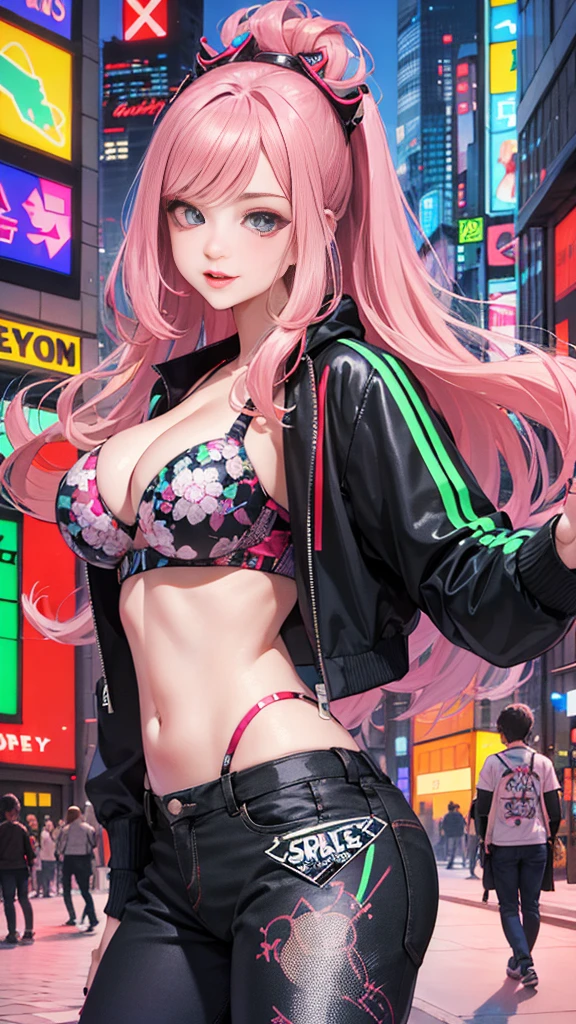 An アニメ illustration of a girl, cowboy shot, confident cyberpunk girl with sassy expression, ((Harajuku-inspired pop outfit and tech jacket)), bold colors and patterns, eye-catching accessories, trendy and innovative hairstyle, vibrant makeup, ((dynamic pose)), futuristic dazzling Cyberpunk cityscape, skyscrapers, neon signs, glowing LED lights, bright and vivid color scheme, アニメ, illustration, (beautiful detailed face), intricate details, ultra detailed.smile、Big Breasts