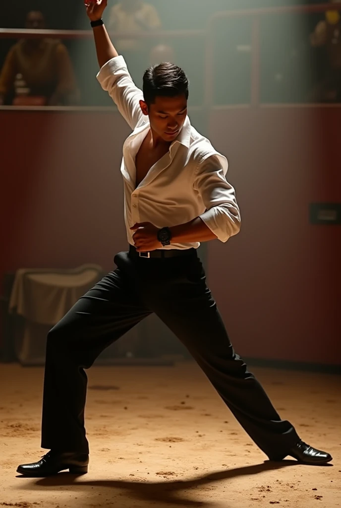 male dancer, asian guy, latinamerican dance, hitting a pose, right hand up, left hand on body, split straight legs, matador atmosphere,looking down, white latin shirt, black srousers, tapered shaped, whole body,