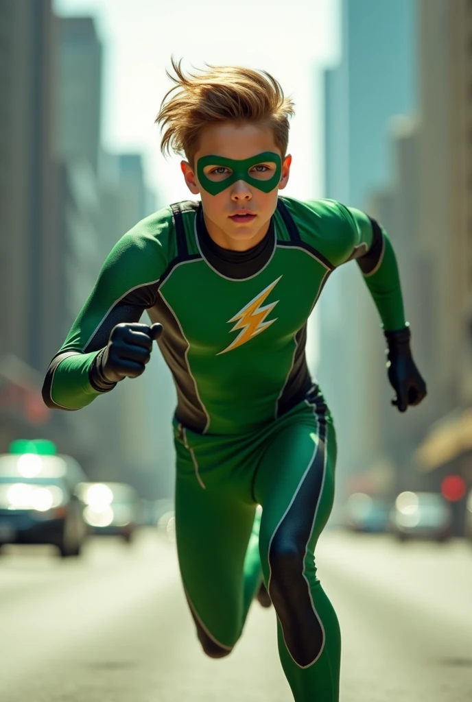 Young Male speedster hero. Primarily green suit. Secondary color black. Silver accents. Mask that lets hair out. Lightning bolt symbol on chest. Realism