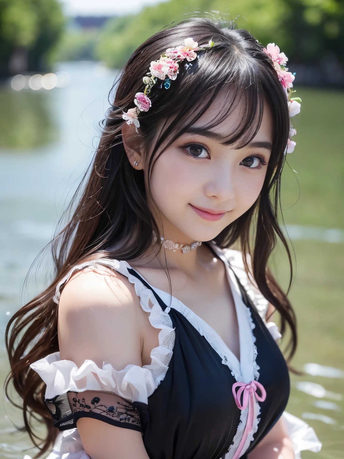 (Best-quality, Masterpiece, Ultra-High-Resolution, (Photorealistic:1.4), Raw Photo, depth of field, professional lighting), (at majestic river, flow of river, splash of water, Beautiful water quality), (1girl, 15-years-old, famous Japanese-idol, innocent smile), (wearing light-pink summer-dress), (((extremely big black-eyes))), ((((extremely beautiful and extremely realistic skins)))), ((extremely beautiful long-eyelashes)), ((extremely cute face like a Japanese-idol)), ((black long-hair))