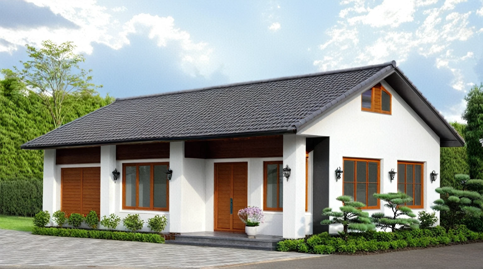 Raw photo,Masterpiece, high quality, best quality, authentic, super detail, exterior, outdoors, house style modern on the street,pavement, grass, trees, sky, cloud, (day:1.1), MIX WHITE AND Chocolate style color ; CHOCOLATE COLOR STYLE ROOF TILES, japanese roof style