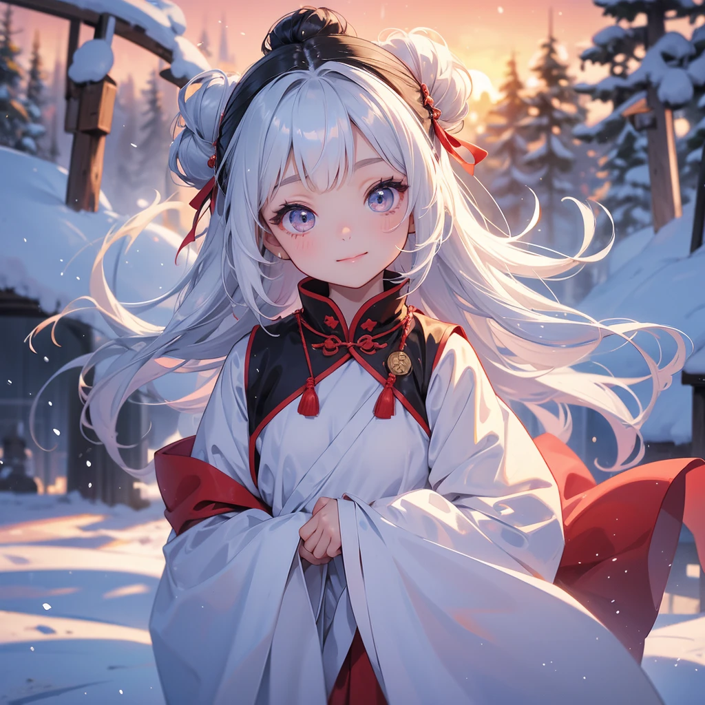 A chibi child girl had a small face and Wearing a little Taoist priest's outfit. A pair of big round eyes shone with curiosity about him. This child was so cute! Amidst the pure white snow, the snow is falling lightly, watching the snow fall one by one, her hair is black with two buns on her hair.small chibi, chibi baby, smiling ,Chibi. Sunset.
The snow is falling