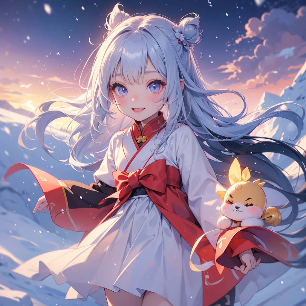 A chibi child girl had a small face and Wearing a little Taoist priest's outfit. A pair of big round eyes shone with curiosity about him. This child was so cute! Amidst the pure white snow, the snow is falling lightly, watching the snow fall one by one, her hair is black with two buns on her hair.small chibi, chibi baby, smiling ,Chibi. Sunset.
The snow is falling