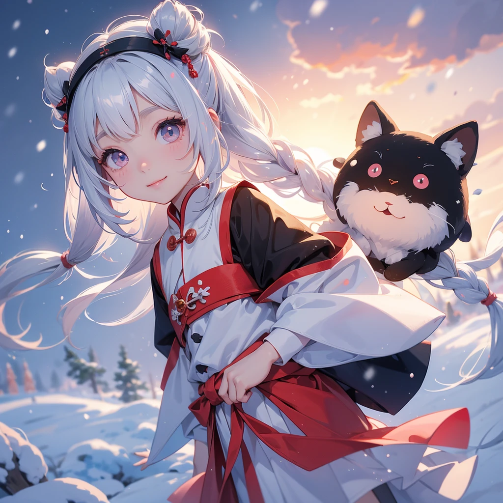 A chibi child girl had a small face and Wearing a little Taoist priest's outfit. A pair of big round eyes shone with curiosity about him. This child was so cute! Amidst the pure white snow, the snow is falling lightly, watching the snow fall one by one, her hair is black with two buns on her hair.small chibi, chibi baby, smiling ,Chibi. Sunset.

The snow is falling
