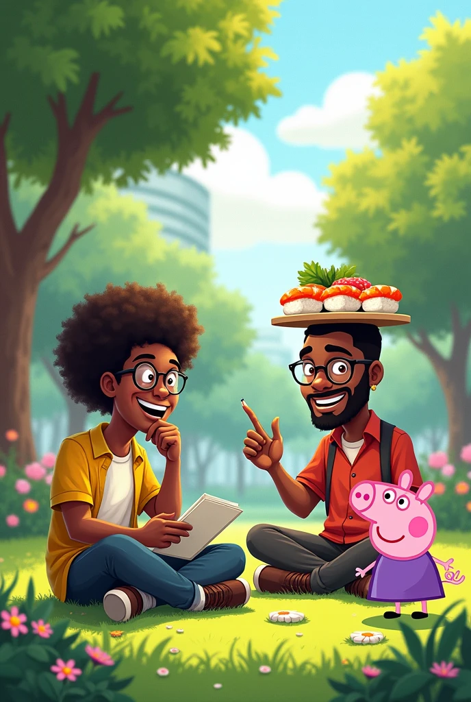 A guy with glasses, another black guy with hair ,  a Japanese guy with sushi and a Peppa 