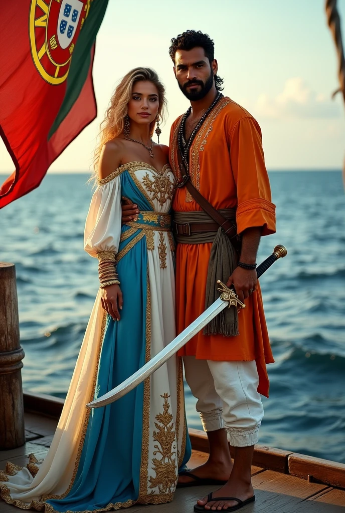 A pirate couple is standing on the deck of a ship, consisting of a blonde skinned Portuguese queen wearing a white and bhue dress and an Indian man wearing an orange kurta and white pajamas holding a sword, with an ancient Portuguese flag in the background. The man and the queen are smiling and looking at the viewer, and the ship is far away, and at sea. It is a time of ancient times 