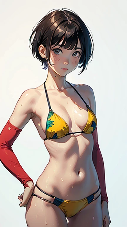 (Highest quality, masterpiece, High resolution)、(Anime Art)、 (reality)、Beautiful woman、(1 female)、18-year-old、(Please put your hands on your hips)、(Detailed depiction of a beautiful face)、Smiling Kindly、chest、Slim figure、medium short hair、semi-long、Two-tone hair、Wet、Sweat、bikini、micro bikini、A pareo skirt with bold ethnic patterns and plenty of primary colors、Realistic Skin、Wet、whole body、No zoom、No close-ups、Cinematic Light、Tropical colors、(Blank Background)、(White Background)、Perfect Face, Cute and symmetrical face, Glowing Skin, Sunburned skin, (short hair:1.2, Bobcut:1.2, Brown Hair), Asymmetrical bangs, Oil