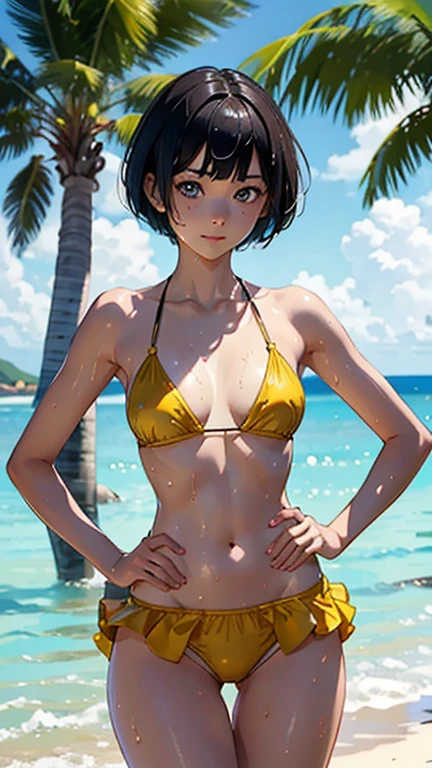(Highest quality, masterpiece, High resolution)、(Anime Art)、 (reality)、Beautiful woman、(1 female)、18-year-old、(Please put your hands on your hips)、(Detailed depiction of a beautiful face)、Smiling Kindly、chest、Slim figure、medium short hair、semi-long、Two-tone hair、Wet、Sweat、bikini、micro bikini、A pareo skirt with bold ethnic patterns and plenty of primary colors、Realistic Skin、Wet、whole body、No zoom、No close-ups、Cinematic Light、Tropical colors、(Blank Background)、(White Background)、Perfect Face, Cute and symmetrical face, Glowing Skin, Sunburned skin, (short hair:1.2, Bobcut:1.2, Brown Hair), Asymmetrical bangs, Oil