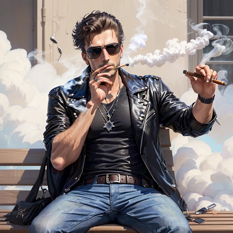 arafed man in sunglasses sitting on a bench smoking a cigarette, with a cigar, dmitry prozorov style, dramatic smoking pose, a thug in a black leather jacket, smoking, taking a smoke break, he is smoking a cigarette, smoking outside, cigarette, wearing a leather jacket, thick smoke around him, andrey surnov, Hayden Christensen, in sunglasses