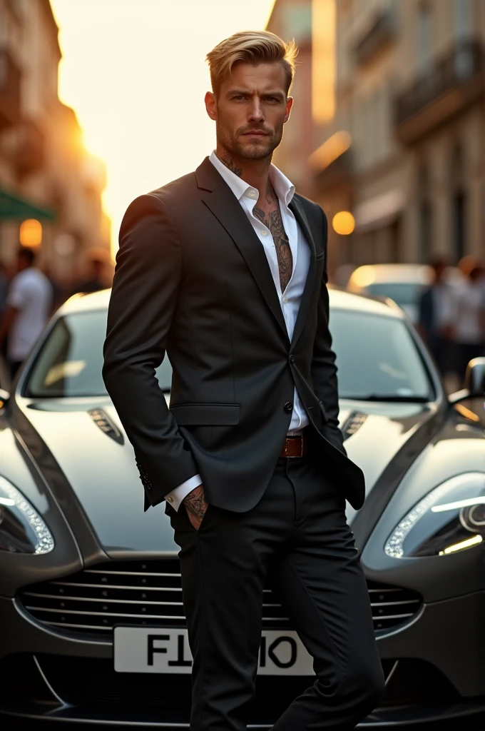 Tall, blond man , handsome , attractive with tattoos, suit getting into an Aston Martin