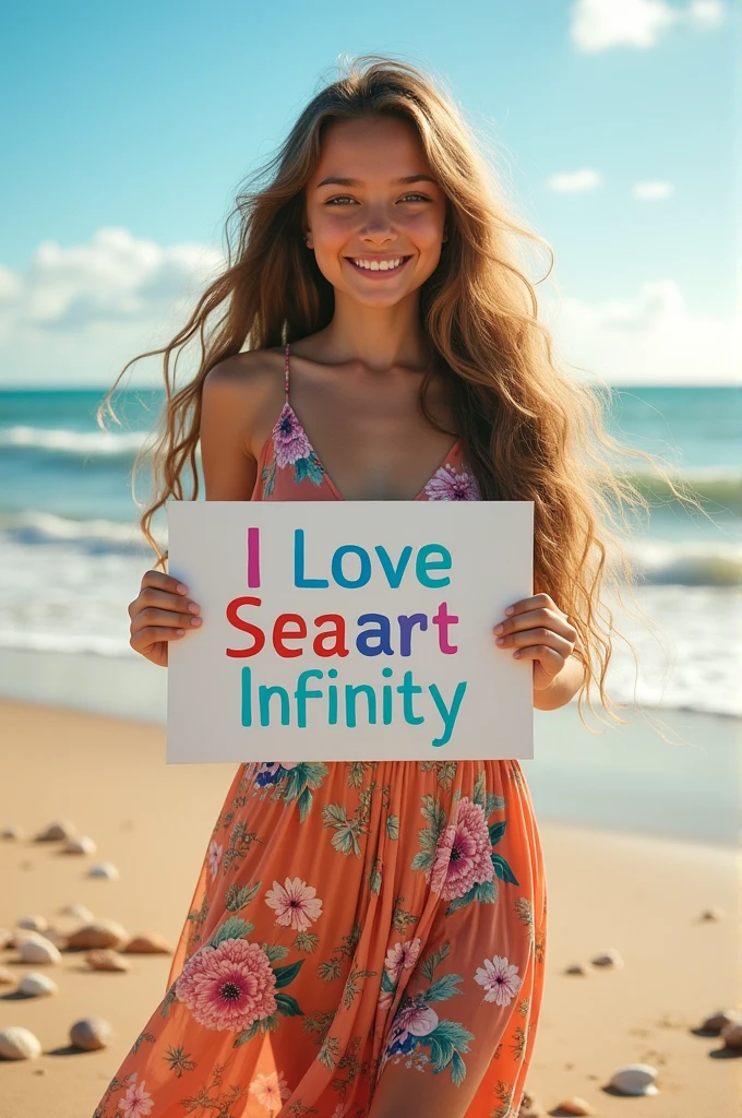 Beautiful girl with wavy long hair, bohemian dress, holding a white board with text "I Love Seaart Infinity" and showing it to the viewer