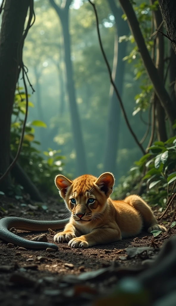 The same lion cub is shown immediately after being bitten by the snake. The cub is lying on the ground, looking weak and frightened. Its fur has turned slightly blue, indicating the spread of venom. The snake is still nearby, watching the cub with a stern expression. The background remains the dense jungle, but the focus is on the cub’s blue-tinged fur and its pained expression.