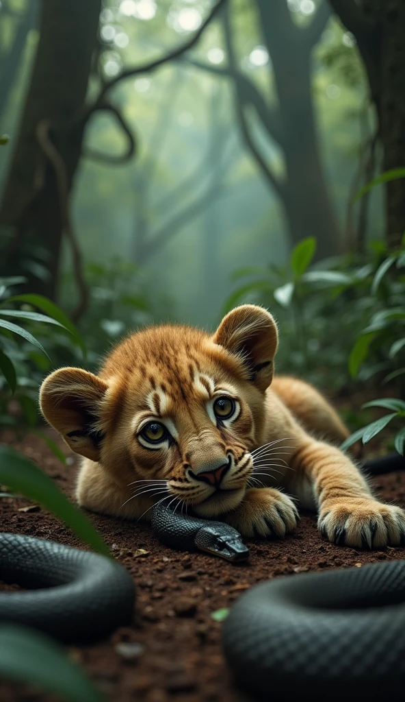 The same lion cub is shown immediately after being bitten by the snake. The cub is lying on the ground, looking weak and frightened. Its fur has turned slightly blue, indicating the spread of venom. The snake is still nearby, watching the cub with a stern expression. The background remains the dense jungle, but the focus is on the cub’s blue-tinged fur and its pained expression.