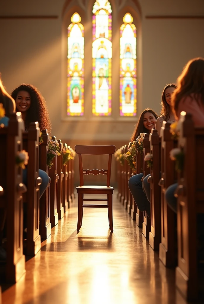 A group of Christian church pews where many happy young people are sitting , In the middle, there is an empty chair that makes the absence of a person facing forward noticeable. 
