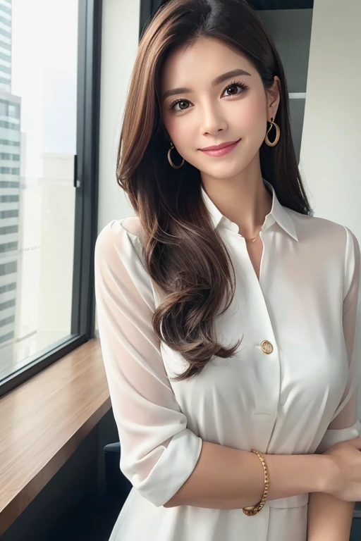 Generate realistic images of professional businesswomen in a modern office environment。She has smooth, shoulder-length dark brown hair with subtle highlights.。She is wearing a clean, white chiffon top with a modest 7/8 length sleeve.。She accessorizes with gold earrings and a matching watch.。Holding a brown clipboard on his chest、A warm and confident smile。The bust is small。In the background、Natural light coming in through large windows、Modern Office Furniture、And you'll see a clean and organized workspace.。