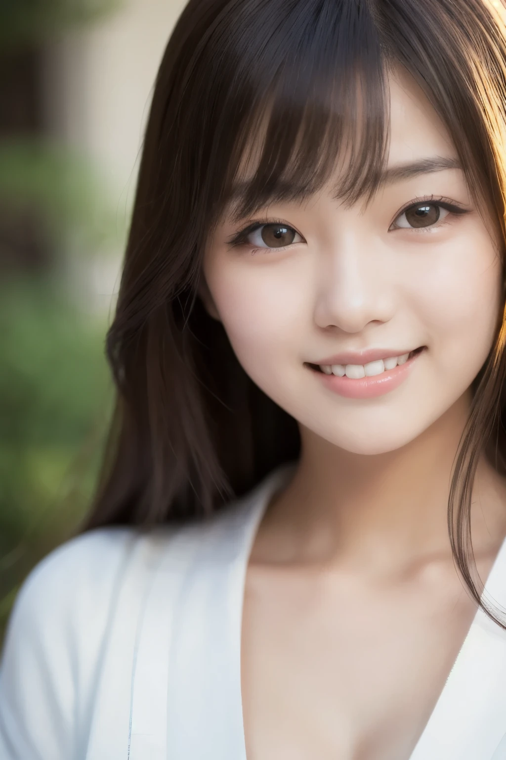 best quality, face focus, soft light, ultra high res, (photorealistic:1.4), RAW photo,(Shinozaki Ai), white skin, kawaii, 1 Japanese girl, solo, cute, (smile), (pupil, lights in the eyes),  detailed beautiful face, Medium-sized breasts,(high resolution detail of human skin texture),(long hair),(portrait), upper body, white traditional kimono