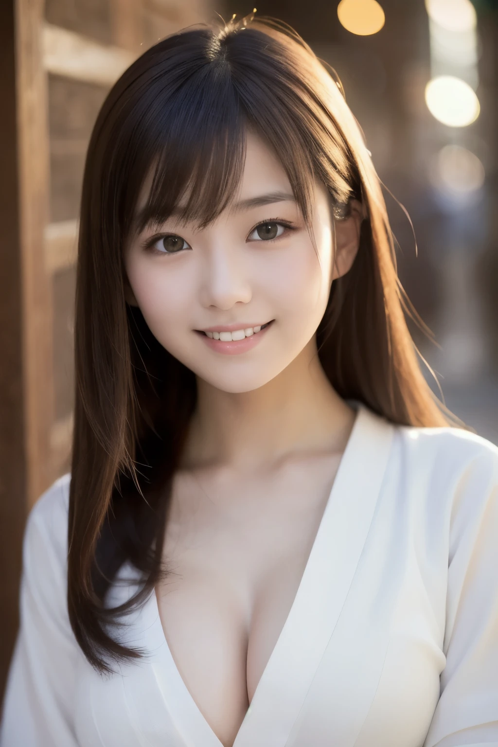 best quality, face focus, soft light, ultra high res, (photorealistic:1.4), RAW photo,(Shinozaki Ai), white skin, kawaii, 1 Japanese girl, solo, cute, (smile), (pupil, lights in the eyes), detailed beautiful face, Medium-sized breasts,(high resolution detail of human skin texture),(long hair),(portrait), upper body, white traditional kimono