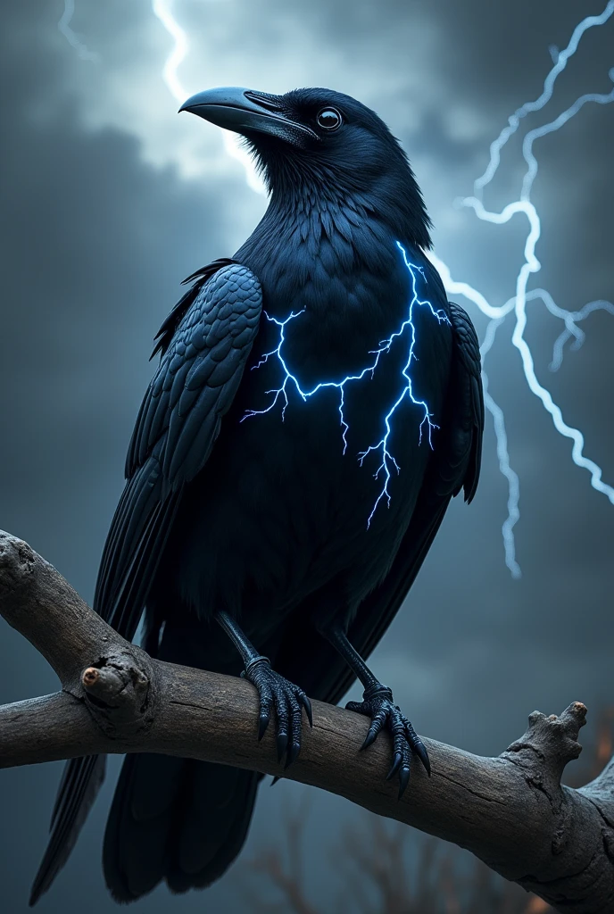 A crow with lighting as a tattoo