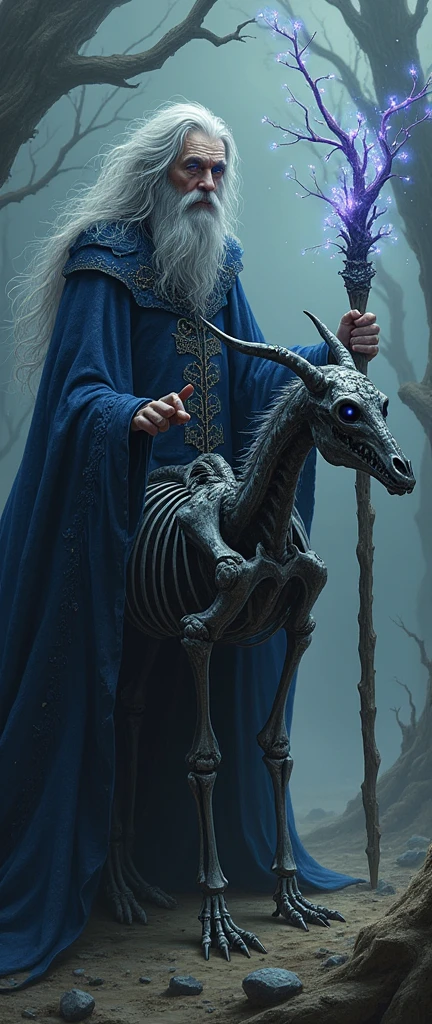 (masterpiece, hauntingly beautiful digital painting:1.4), ground-level perspective of a frail wizard inspired by Jim Varney, (wild silver hair:1.2) flowing dramatically, (distinctive hourglass-shaped pupils:1.4) glowing with deep arcane knowledge, towering over intricate dark blue and silver robes, adorned with mystical symbols, (weathered staff:1.2) raised high, crackling with magical energy, beside a witch-like woman astride a skeletal, winged beast, her long ebony hair woven with delicate, luminescent flowers cascading over her ornate, glowing gown, marvel of intricate bone structures beneath her, its wings outstretched ready for flight. They exist in a surreal, shadowy realm where twisted dreamscapes unravel—the gnarled trees reach out like spectral hands, and the swirling sky mixes deep purples and stormy grays, faint otherworldly lights twinkling in the distance. The atmosphere is steeped in gothic mysticism, blending the vulnerability and power of the wizard with the dark enchantment of the witch and her bizarre steed, inviting viewers into their captivating and mysterious world