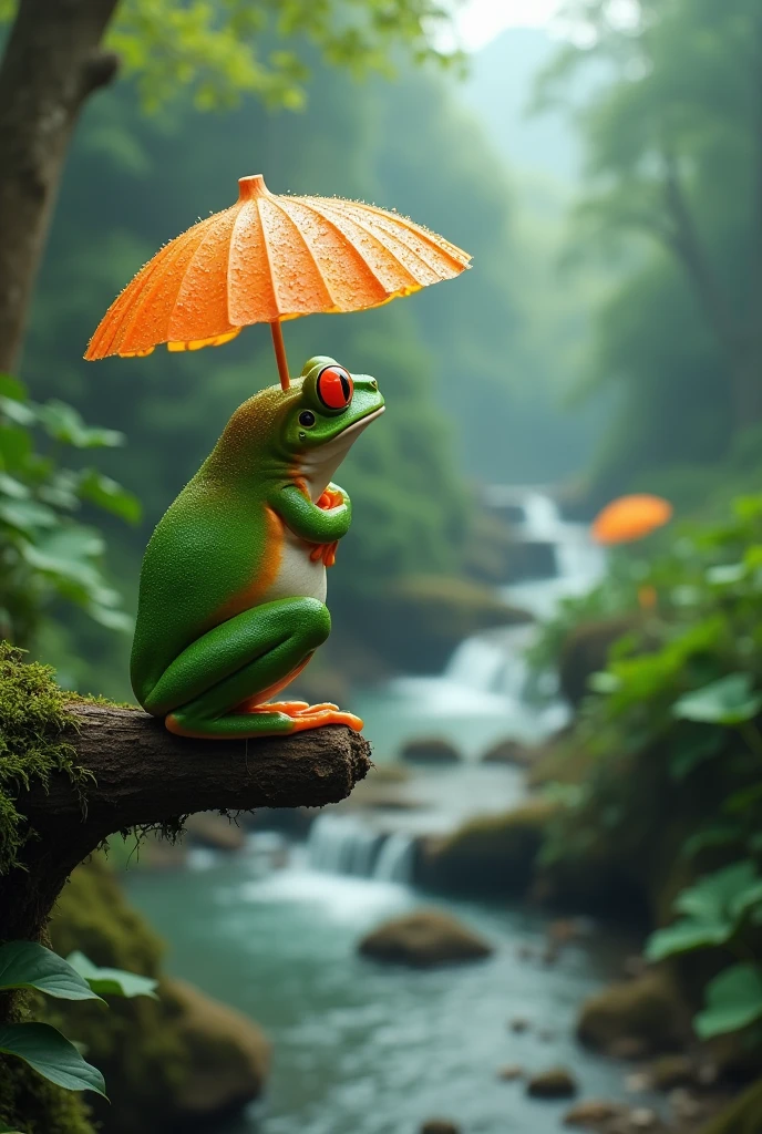 A fat green tree frog,Ultra-realistic,high resolution,Standing with a lotus leaf umbrella,letters on the screen,The background is a small stream deep in the mountains,Back view of a man standing on a branch