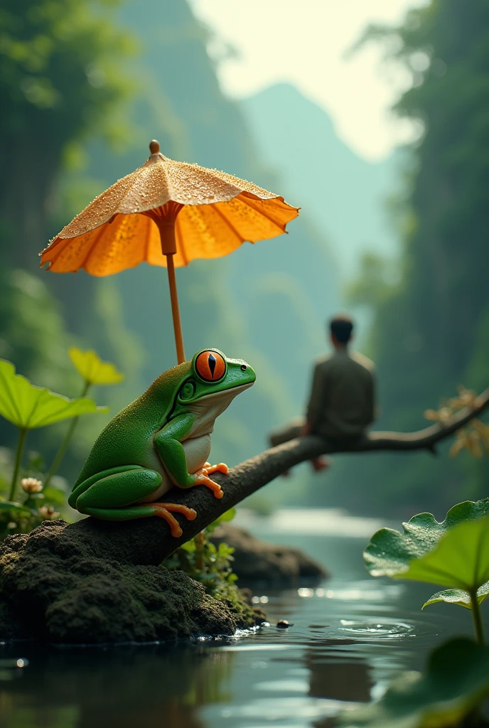 A fat green tree frog，Ultra-realistic，high resolution，Standing with a lotus leaf umbrella，letters on the screen,The background is a small stream deep in the mountains，Back view of a man standing on a branch