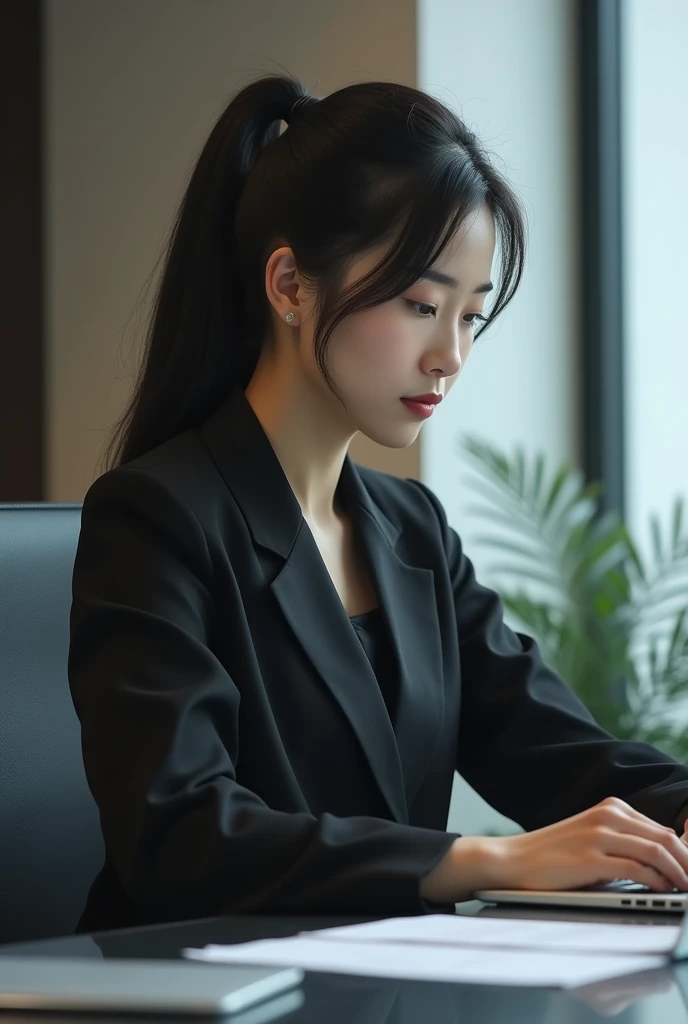 (((Highest quality, 8k, 32K, masterpiece, uhd: 1.2))), 1 person, Beautiful Japanese Women, thinウエスト, Detailed face, Black Hair, ponytail, Droopy eyes, thin, Show your whole body, One Woman, alone, Dark-toned business wear,Office Background,24-years-old,(((Working on a computer at a desk)))