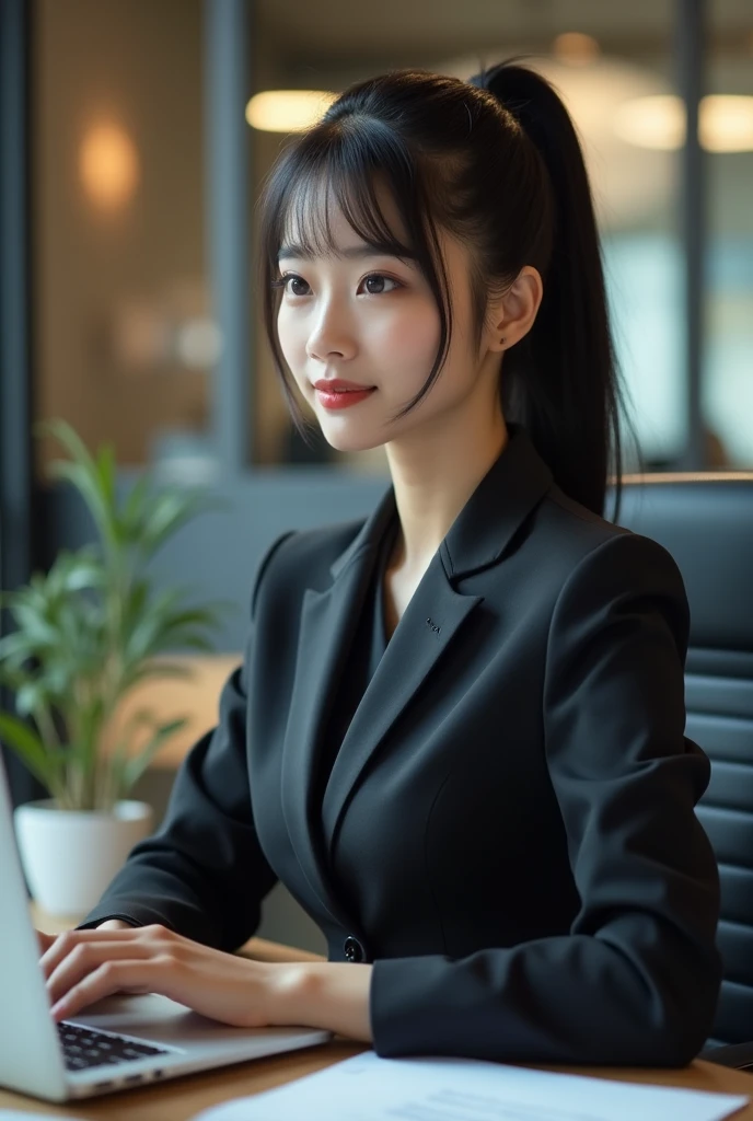 (((Highest quality, 8k, 32K, masterpiece, uhd: 1.2))), 1 person, Beautiful Japanese Women, thinウエスト, Detailed face, Black Hair, ponytail, Droopy eyes, thin, Show your whole body, One Woman, alone, Dark-toned business wear,Office Background,24-years-old,(((Working on a computer at a desk)))
