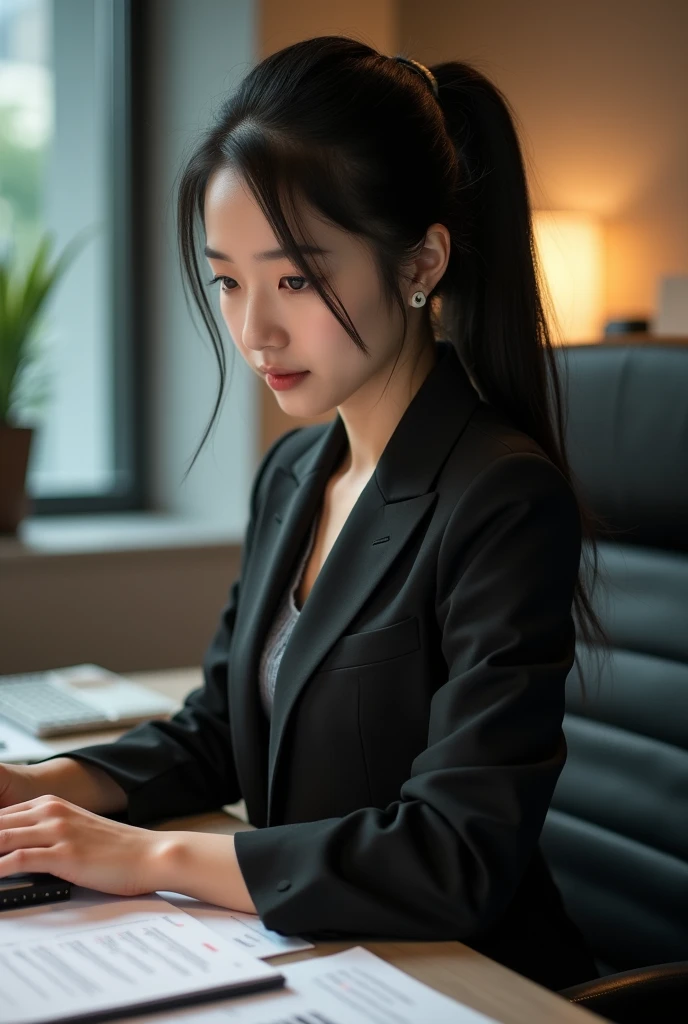 (((Highest quality, 8k, 32K, masterpiece, uhd: 1.2))), 1 person, Beautiful Japanese Women, thinウエスト, Detailed face, Black Hair, ponytail, Droopy eyes, thin, Show your whole body, One Woman, alone, Dark-toned business wear,Office Background,24-years-old,(((Working on a computer at a desk)))
