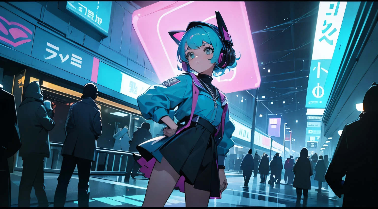 An 18-year-old girl, styled as an idol from the 1980s, is standing in a lively nighttime street. The style is 1980s anime-inspired, pop, and cool. Her hair color is light blue, and she is wearing headphones. She has a bright expression. The shot is a bust-up angle, clearly showing that the background is a city at night. In the background, there are illuminated signs, streetlights, and a crowd of people. The overall atmosphere evokes a cinematic feel. Her face should be depicted in detail, not abstract.