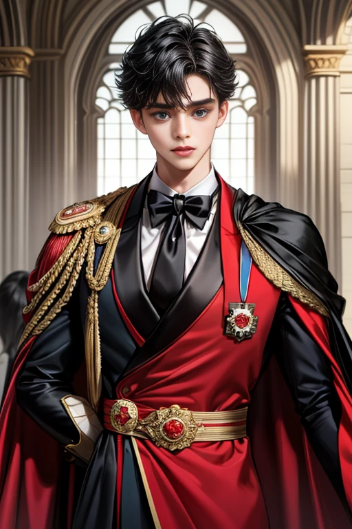 masterpiece, 最high quality, high quality, 1 boy, alone, Male focus, Upper Body,Watching the audience, Messy black hair, Adorable big blue eyes, White, Noble, Noble,A black and red cape that is bursting with sexy volume、Tuxedo、A very voluminous, large, very large, very large, long, long red and black cape with a high stand-up collar, made of a lot of fabric that reaches down to the floor., ,cute beautiful,Cute, cute, kind, handsome guy