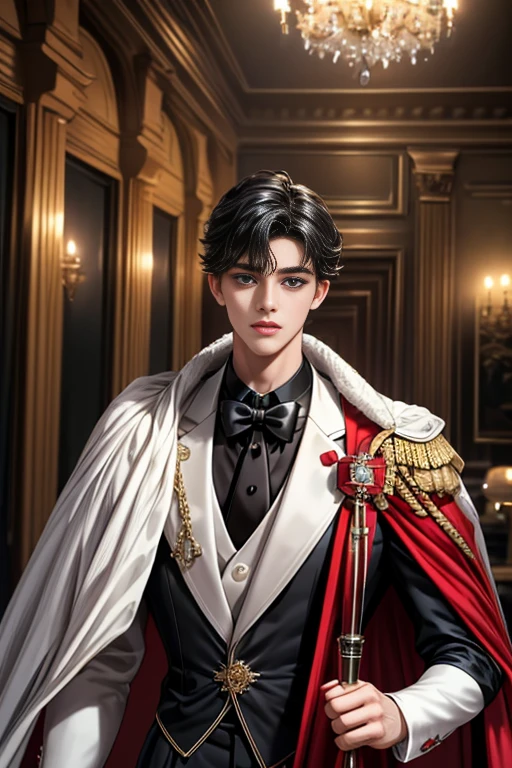 masterpiece, 最high quality, high quality, 1 boy, alone, Male focus, Upper Body,Watching the audience, Messy black hair, Adorable big blue eyes, White, Noble, Noble,A black and red cape that is bursting with sexy volume、Tuxedo、A very voluminous, large, very large, very large, long, long red and black cape with a high stand-up collar, made of a lot of fabric that reaches down to the floor., ,cute beautiful,Cute, cute, kind, handsome guy
