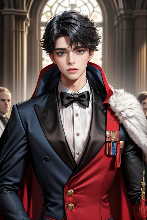 masterpiece, 最high quality, high quality, 1 boy, alone, Male focus, Upper Body,Watching the audience, Messy black hair, Adorable big blue eyes, White, Noble, Noble,A black and red cape that is bursting with sexy volume、Tuxedo、A very voluminous, large, very large, very large, long, long red and black cape with a high stand-up collar, made of a lot of fabric that reaches down to the floor., ,cute beautiful,Cute, cute, kind, handsome guy