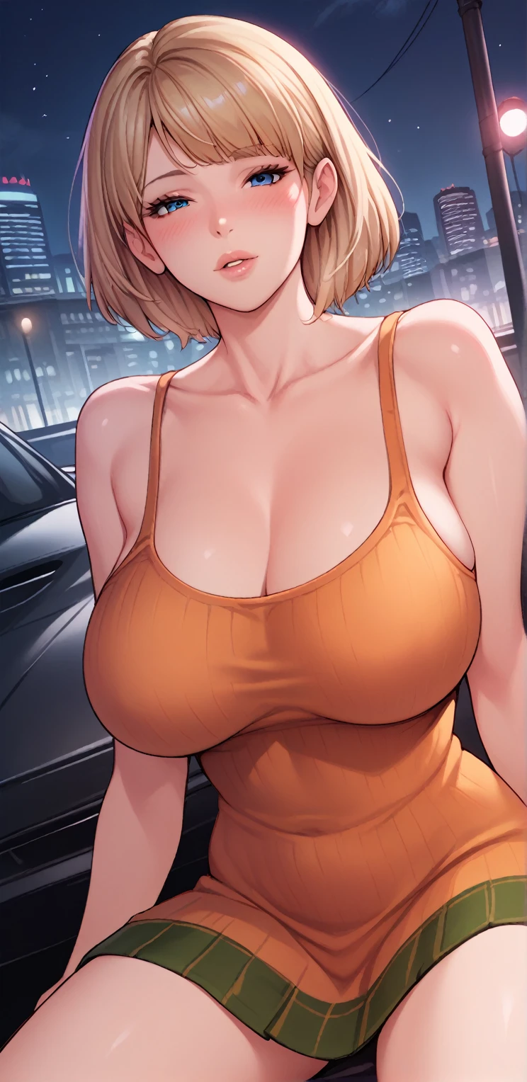 score_9, score_8_up, score_7_up, score_6_up, score_5_up, score_4_up, Ashley Graham, blue eyes, blonde hair, short hair, large breasts, mature woman,  1girl, short_hair, blush, blue_eyes, brown_hair, lips, purple_hair, solo, dress, long  orange dress, jewelry, bare shoulders, loose dress, night, city, outdoors, POV date, collarbone, cars, Sit on top cars, 