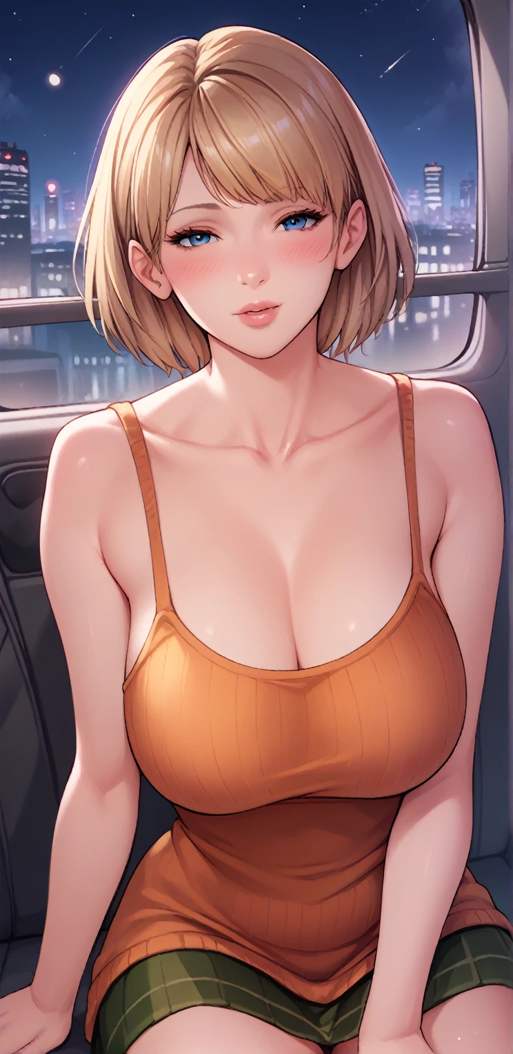 score_9, score_8_up, score_7_up, score_6_up, score_5_up, score_4_up, Ashley Graham, blue eyes, blonde hair, short hair, large breasts, mature woman,  1girl, short_hair, blush, blue_eyes, brown_hair, lips, purple_hair, solo, dress, long  orange dress, jewelry, bare shoulders, loose dress, night, city, outdoors, POV date, collarbone, cars, Sit on top cars, 